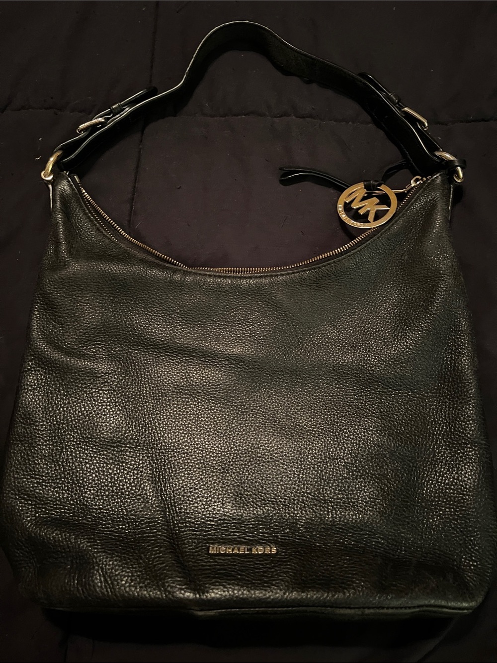 Michael Kors Black Pebbled Leather Shoulder Bag with Gold MK Charm